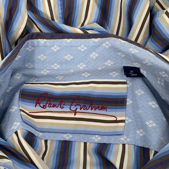 Robert Graham blue brown stripe men shirt button cotton flip cuff Medium M - Picture 6 of 7
